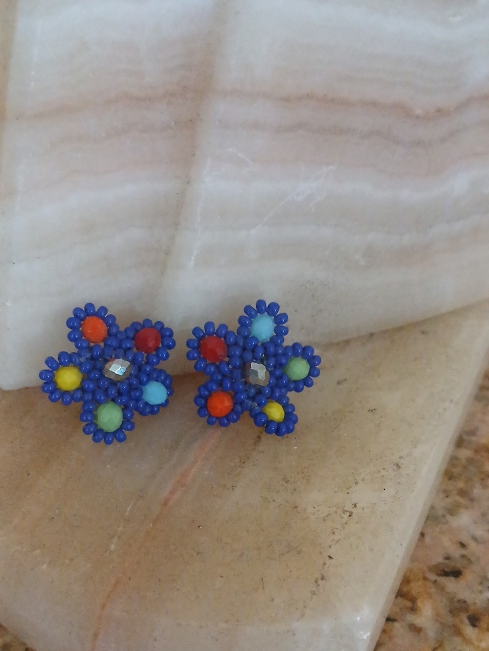 Blue Beaded Flower Stud Earrings with Multicolor Centers